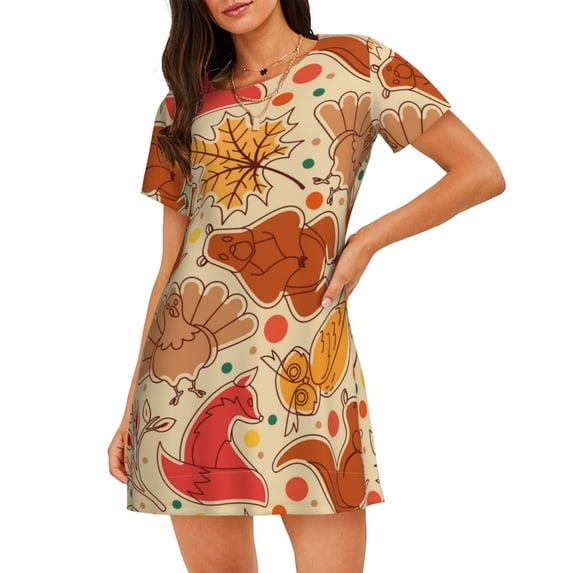 Naloa Autumn Animal Maple Leaves Print Women Nightgowns,Womens Loungewear,Short Sleeve Sleepwear,Comfy Ladies Nightdress