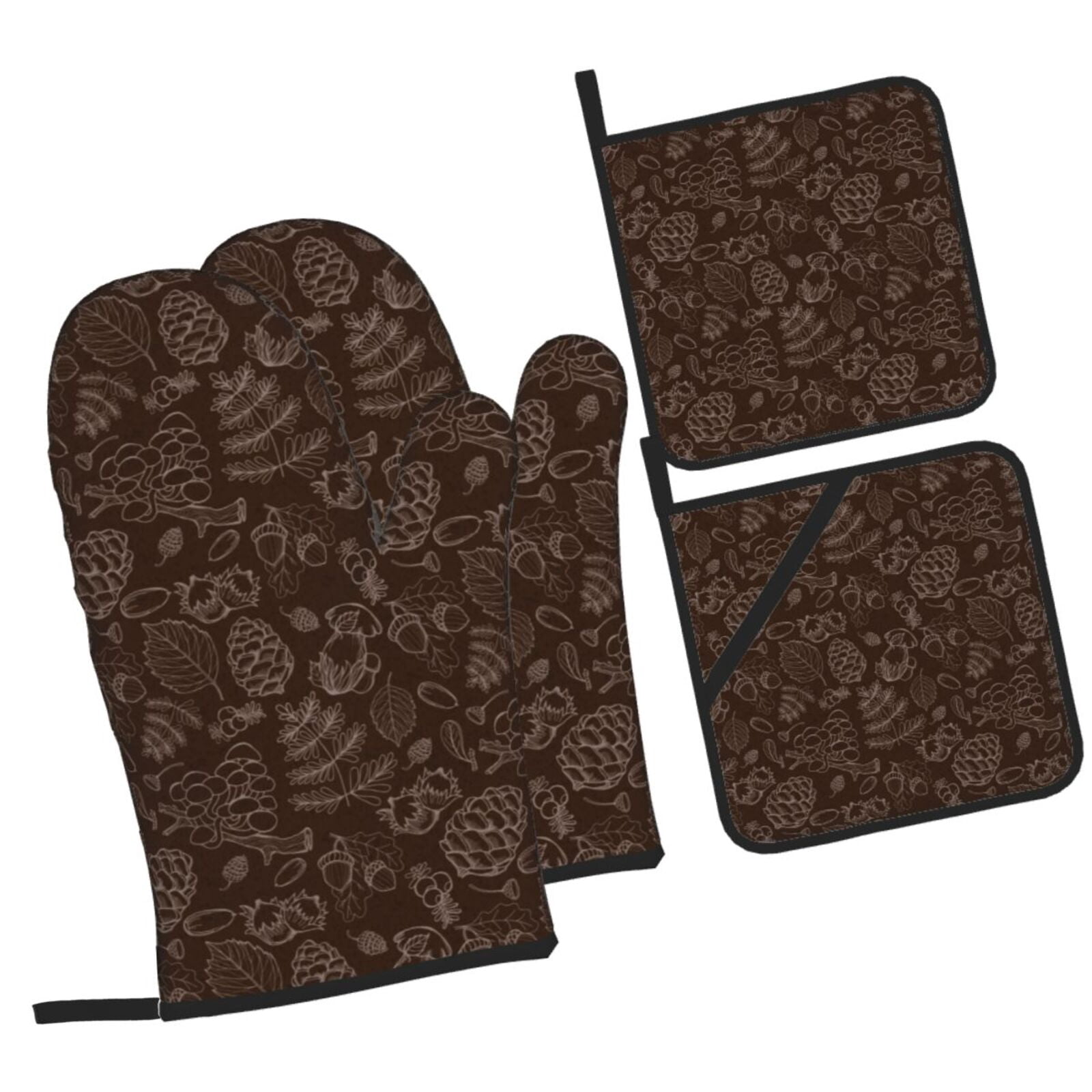 Naloa Autumn Brown Plants Oven Mitts and Pot Holders 4 pcs Set, Cooking Baking Grilling Kitchen Oven Glove for Cooking
