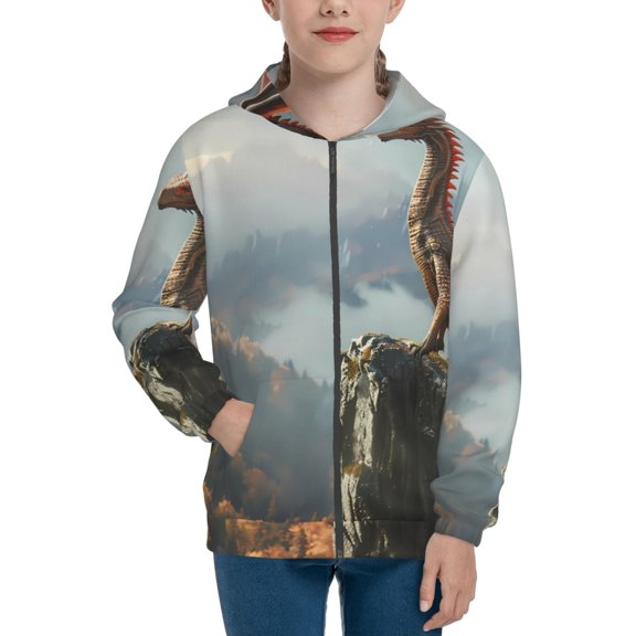 Naloa Autumn Dragon Mountain View Teenage Zipper Hoodie, Long Sleeve Zip Up Hoodies Casual Jackets Tops for 7-12 Years-Medium