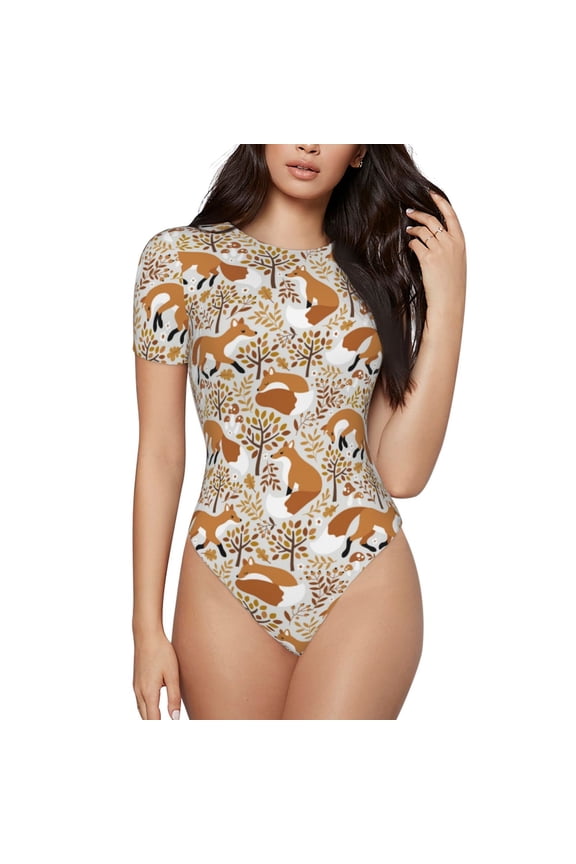 Autumn Fox with Brown Plants Bodysuits for Women, Women's Short-Sleeved Onesie, One-Piece for Parties, dates, clubs-Medium