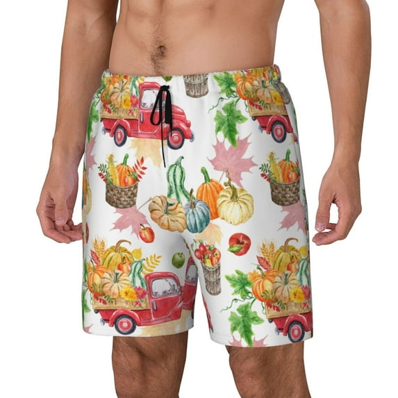 Naloa Autumn Harvest Truck Print Men Swim Trunks with Compression Liner ,Board Shorts,Men's Swim Shorts with Drawstring and Elastic Waistband-X-Large
