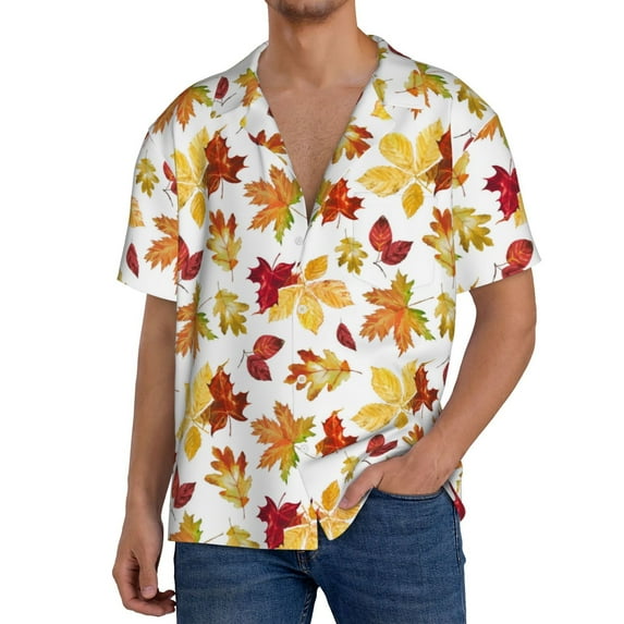 Naloa Autumn Leaves 1 Men's Loose Fit Cuban Collar Short-Sleeve Shirt, Hawaiian Shirts, Mens Shirts Casual for Everyday Wear Outings-Small