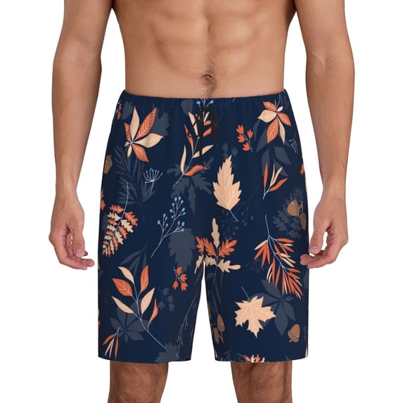 Naloa Autumn Leaves With Blue Men's Short Pajama Pants, Lounge Comfort Shorts with Elasticized Waistband and Side Pockets - XX-Large