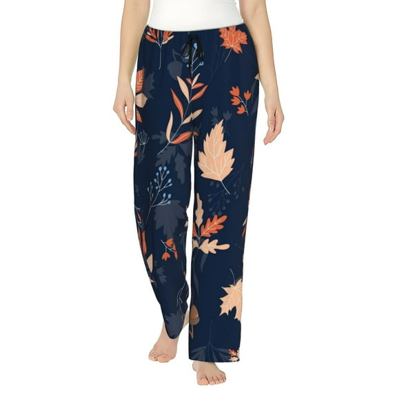 Naloa Autumn Leaves With Blue Print Women’s Ultra-Soft Comfy Pajama Lounge Pants with Pockets & Drawstring