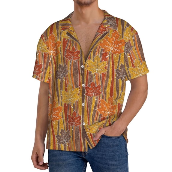 Naloa Autumn Maple Leaf Stripes Men's Loose Fit Cuban Collar Short-Sleeve Shirt, Hawaiian Shirts, Mens Shirts Casual for Everyday Wear Outings-Large