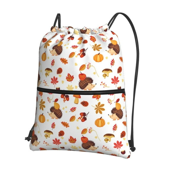 Naloa Autumn Maple Leaf with Hedgehog Drawstring Backpack String Bag Cinch Water Resistant for Gym Shopping Sport Yoga