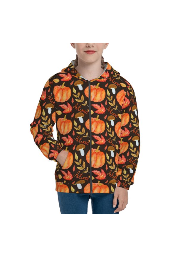 Autumn Pumpkin Teenage Zipper Hoodie, Long Sleeve Zip Up Hoodies Casual Jackets Tops for 7-12 Years-Medium