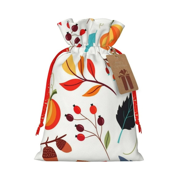 Naloa Autumn Pumpkins Fall Leaves Drawstring Christmas Bags, 3D Xmas Gift Bags, Christmas Wrapping Bags, Xmas Goodie Bags, Treat Pouch Bags, Party Favor Bags-Medium