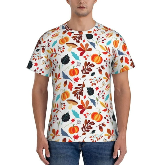Naloa Autumn Pumpkins Fall Leaves Men's T-Shirt Sport T-shirt Men's Basic Tee Casual Men's Shirt, Round Neck, Short Sleeves -