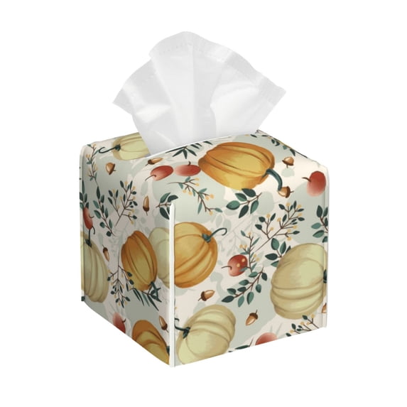 Naloa Autumn Pumpkins Leaves Tissue Box CoverLeather Tissue Holder Square Facial Tissue Case Facial Paper Organizer Dispenser for Bathroom, Vanity Countertop, Tabletop, Car