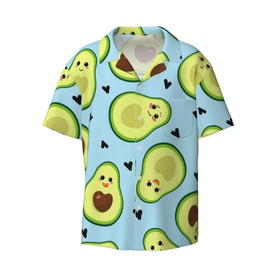 Naloa Avocado and Hearts Men's Loose Fit Cuban Collar Short-Sleeve Shirt with Button-down and Chest Pocket for Everyday Wear Outings - 4X-Large