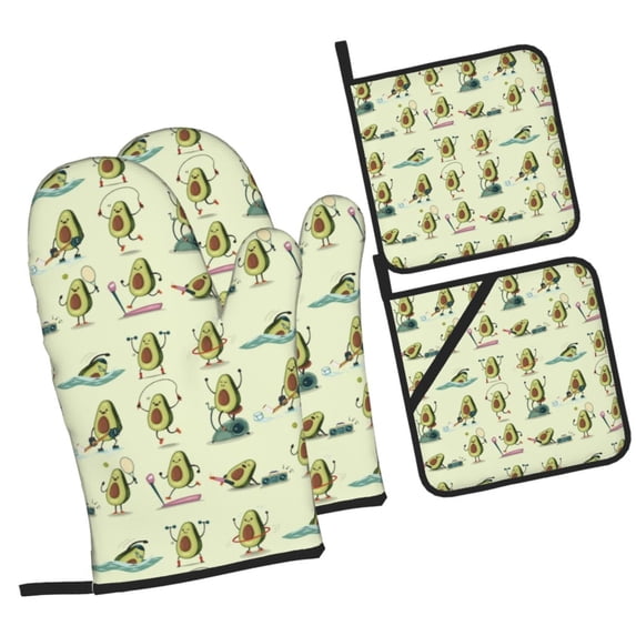 Naloa Avocado for Exercise Oven Mitts and Pot Holders 4 pcs Set, Cooking Baking Grilling Kitchen Oven Glove for Cooking