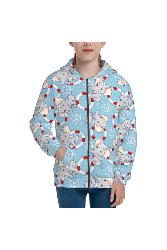 Baby Elephant Teenage Zipper Hoodie, Long Sleeve Zip Up Hoodies Casual Jackets Tops for 7-12 Years-Medium