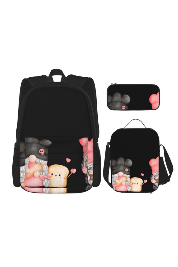 Baker Gnome Print Large Capacity Backpack Lunch Bag Pencil Case Combination 3 Piece Set for Student