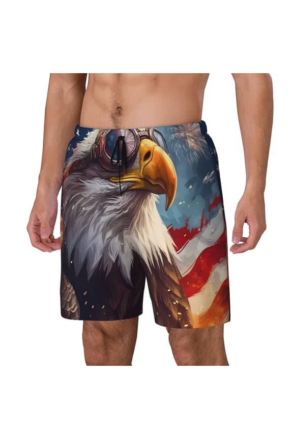 Bald Eagle Pilot Print Men Swim Trunks with Compression Liner ,Board Shorts,Men's Swim Shorts with Drawstring and Elastic Waistband-Small