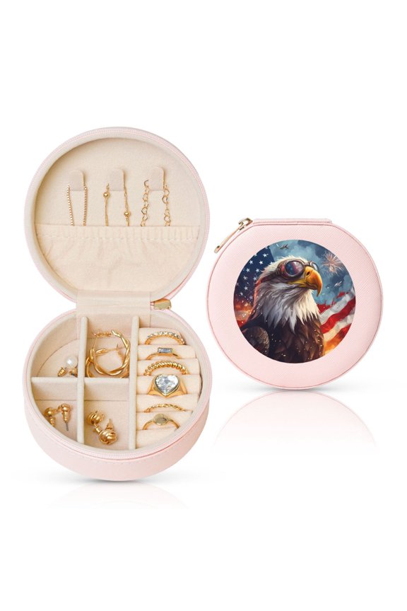 Bald Eagle Pilot Round Jewelry Box, Travel Jewelry Organizer, 3.9 x 3.9 x 2in Jewelry Storage Box for Women-Pink