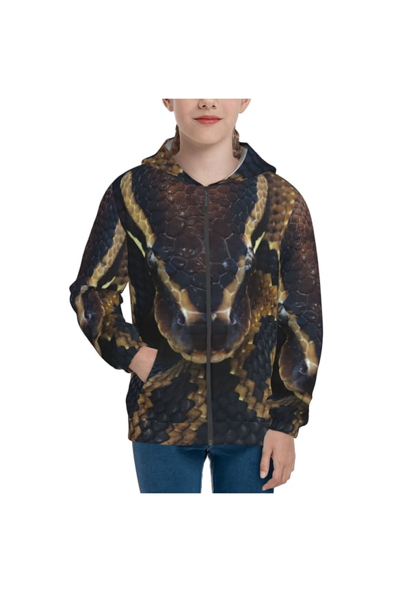 Ball Phyton Snake Teenage Zipper Hoodie, Long Sleeve Zip Up Hoodies Casual Jackets Tops for 7-12 Years-Medium