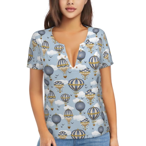 Naloa Balloon Vintage Print T-Shirts Short Sleeve V Neck Tees for Women Fashion Tops Trendy Lightweight Soft Casual Summer Outfits Clothes