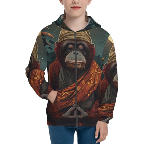 Naloa Banana Leaf Meditating Gorilla Teenage Zipper Hoodie, Long Sleeve Zip Up Hoodies Casual Jackets Tops for 7-12 Years-Medium