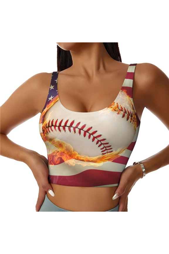 Baseball Ball With Flag Sports Bras for Women,Sports Bras for Women High Support with Removable Pads-Medium