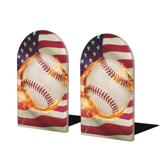 Naloa Baseball Ball With Flag Wood Non-Skid Bookend for Shelves,Book Ends for Heavy Books, Book Stand for CDs,1 Pair