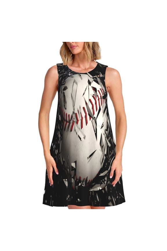 Baseball Breaking Glass Print Women's Summer Spring Casual Beach Sundress,Vacation Sleeveless Tank Crewneck Loose Dresses