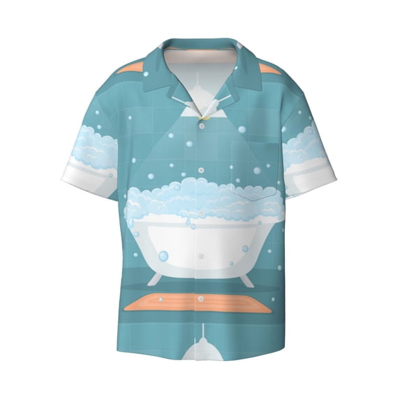 Naloa Bathtub with Soap Bubbles Men's Loose Fit Cuban Collar Short-Sleeve Shirt with Button-down and Chest Pocket for Everyday Wear Outings - Large