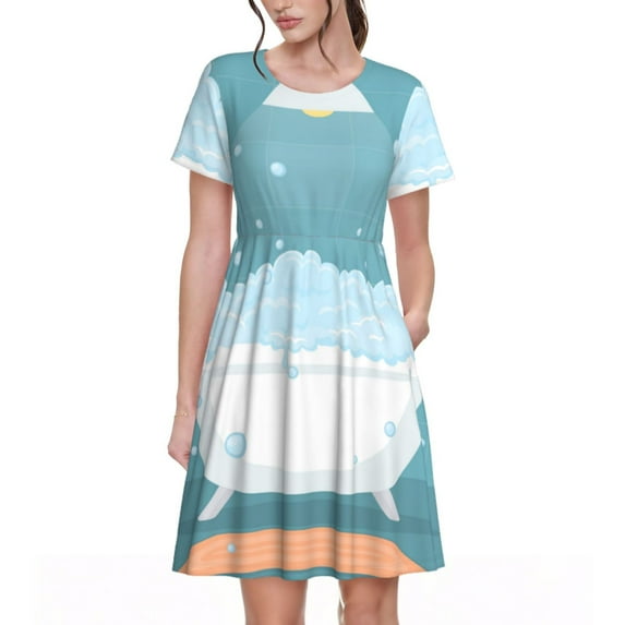 Naloa Bathtub with Soap Bubbles Print Womens Summer A-Line Dress with Pockets,Short Sleeve Dresses,Flowy Beach Swing Dress for Vacation Travel