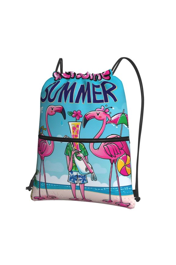 Beach Flamingo Trio Drawstring Backpack String Bag Cinch Water Resistant for Gym Shopping Sport Yoga