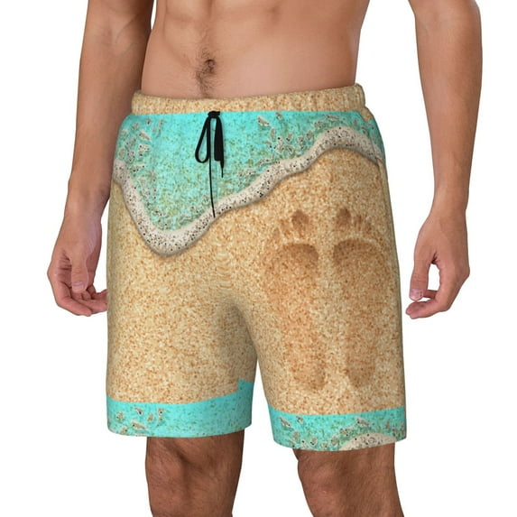 Naloa Beach Footprint Print Men Swim Trunks with Compression Liner ,Board Shorts,Men's Swim Shorts with Drawstring and Elastic Waistband-Medium