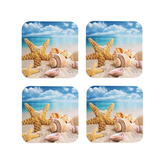 Naloa Beach Starfish Shell Coasters for Set of 4 - PU Leather Coasters, Coasters for Table Cup Tea Coffee Beer, Decorative for Kitchen Homedecor (Round)