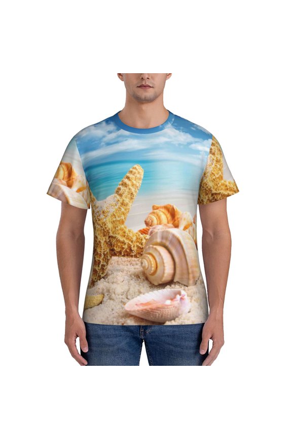 Beach Starfish Shell Men's T-Shirt Sport T-shirt Men's Basic Tee Casual Men's Shirt, Round Neck, Short Sleeves - Medium
