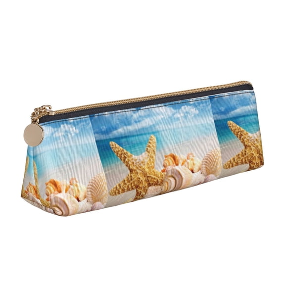 Naloa Beach Starfish Shell Print Leather Pencil Case - Portable Big Capacity Pencil Pouch Organizer Bag Stationery Bag for Work & Office Pencil Pen Case