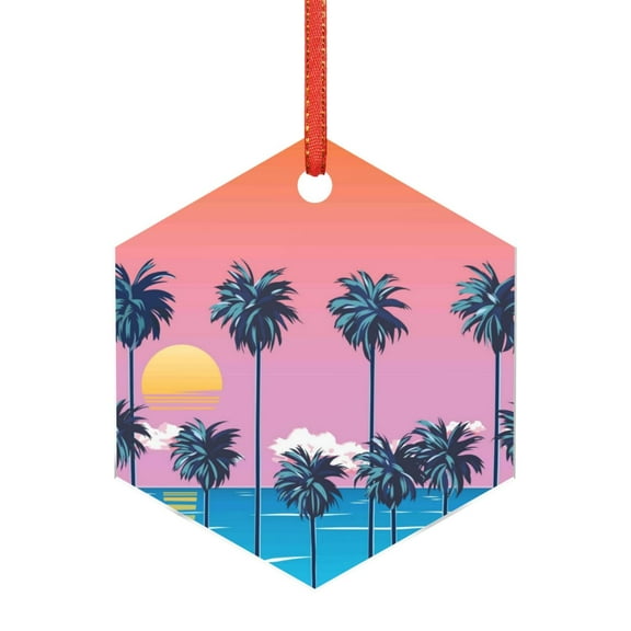 Naloa Beach with Palm Trees Acrylic Santa Tree Decorations Christmas Hanging Pendant for Christmas Winter New Year Party Hanging Decorations-Hexagon