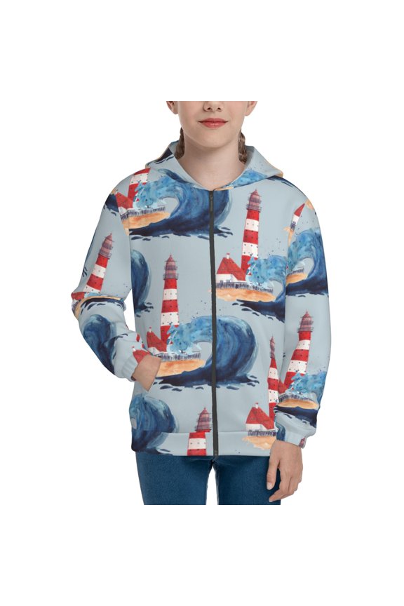 Beacon In The Huge Waves Of The Surf Teenage Zipper Hoodie, Long Sleeve Zip Up Hoodies Casual Jackets Tops for 7-12 Years-