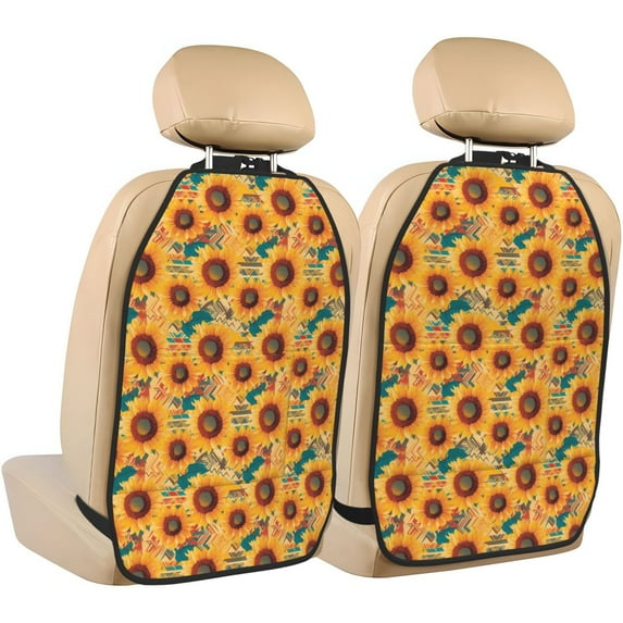 Naloa Beautiful Bohemian Sunflower 2Pcs Anti-Kick Back Seat Cover Kick Mat, Car Seat Protector with 3 Storage Pockets