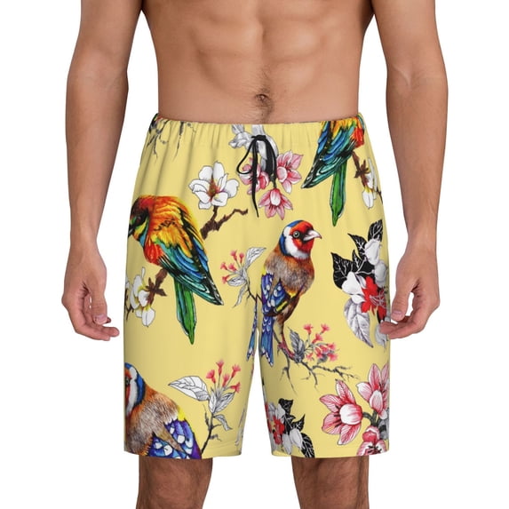 Naloa Beautiful Bright Birds And Flowers Men's Short Pajama Pants, Lounge Comfort Shorts with Elasticized Waistband and Side Pockets - Large