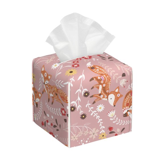 Naloa Beautiful Fox Tissue Box CoverLeather Tissue Holder Square Facial Tissue Case Facial Paper Organizer Dispenser for Bathroom, Vanity Countertop, Tabletop, Car