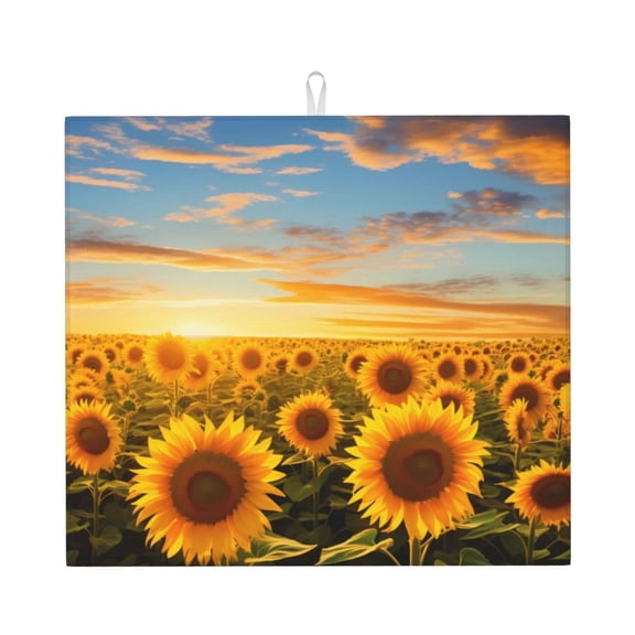 Naloa Beautiful Golden Sunflower Field Dish Drying Mat for Kitchen Counter, Heat Resistant Drainer Mats, Absorbent Draining Mat,Dish Rack Pad,16"x18"