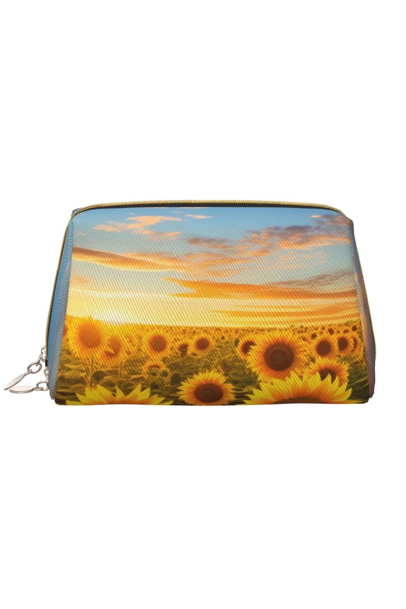 Beautiful Golden Sunflower Field Leather Makeup Bag for Purse Travel, Portable Small Cosmetic Organizer for Women and Girls, Make up Bag with Zipper