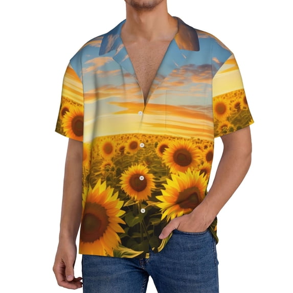 Naloa Beautiful Golden Sunflower Field Men's Loose Fit Cuban Collar Short-Sleeve Shirt, Hawaiian Shirts, Mens Shirts Casual for Everyday Wear Outings-Medium