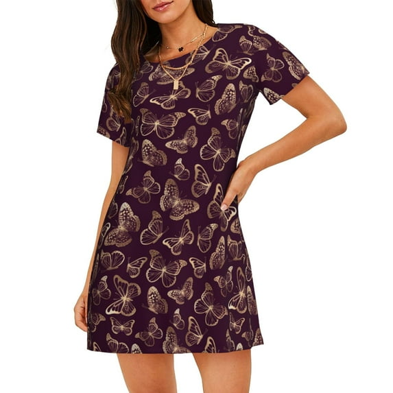 Naloa Beautiful Purple Butterflies Print Women Nightgowns,Womens Loungewear,Short Sleeve Sleepwear,Comfy Ladies Nightdress