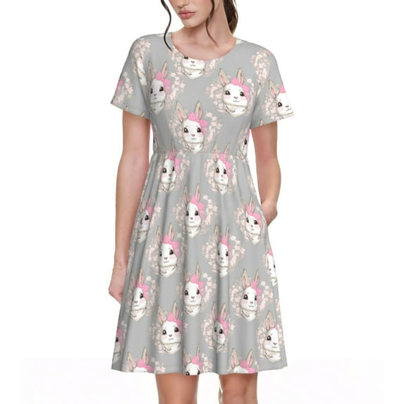 Naloa Beautiful Rabbit1 Print Womens Summer A-Line Dress with Pockets,Short Sleeve Dresses,Flowy Beach Swing Dress for Vacation Travel