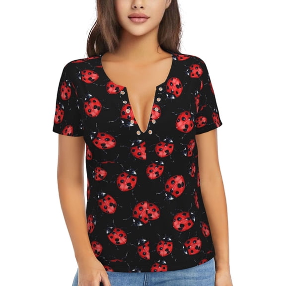 Naloa Beautiful Red Ladybug Print T-Shirts Short Sleeve V Neck Tees for Women Fashion Tops Trendy Lightweight Soft Casual Summer Outfits Clothes