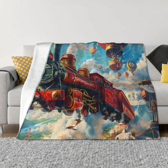 Naloa Beautiful Red Train Hot Air Balloon Flannel Blankets - Thick and Warm Blanket for Winter, Soft Fuzzy Plush King Blanket for All Seasons60"x50"