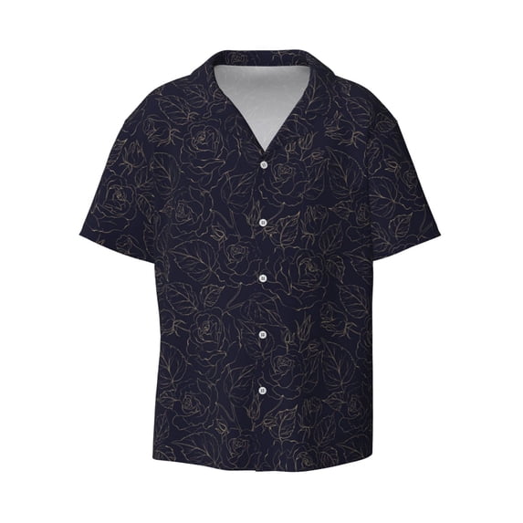 Naloa Beautiful Roses Men's Loose Fit Cuban Collar Short-Sleeve Shirt with Button-down and Chest Pocket for Everyday Wear Outings - Medium