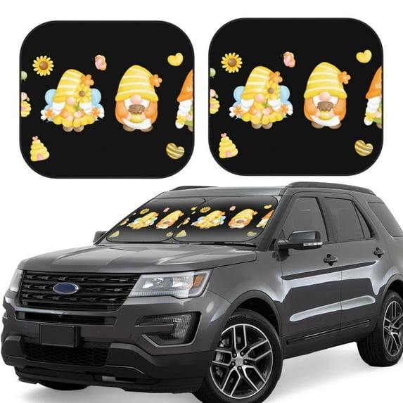 Naloa Bee Happy Sunflower Gnomes Print 2-Piece Windshield Sunshade,Foldable Car Front Window Sun Shades,for Most Sedans SUV Truck-Small