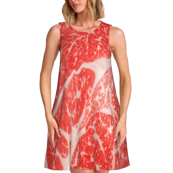 Naloa Beef Steaks Print Women's Summer Spring Casual Beach Sundress,Vacation Sleeveless Tank Crewneck Loose Dresses