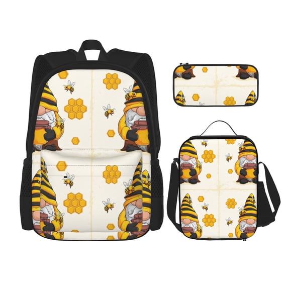 Naloa Beekeeper Gnome Holding A Glass Print Large Capacity Backpack Lunch Bag Pencil Case Combination 3 Piece Set for Student