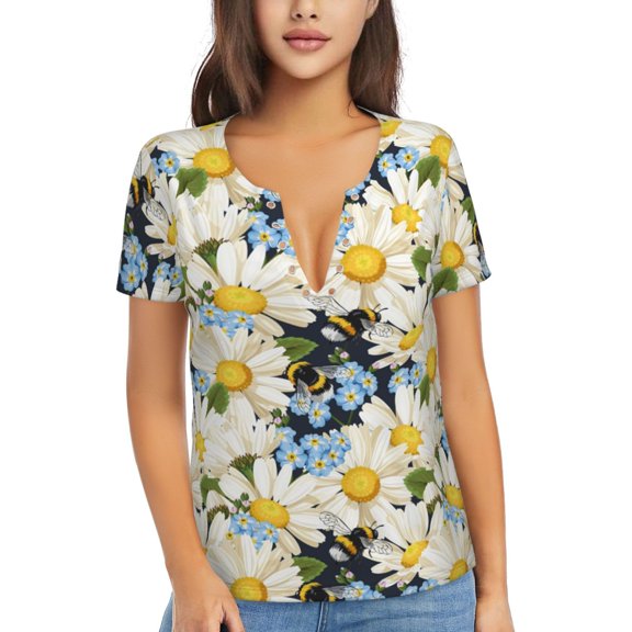 Naloa Bees Collecting Nectar Print T-Shirts Short Sleeve V Neck Tees for Women Fashion Tops Trendy Lightweight Soft Casual Summer Outfits Clothes